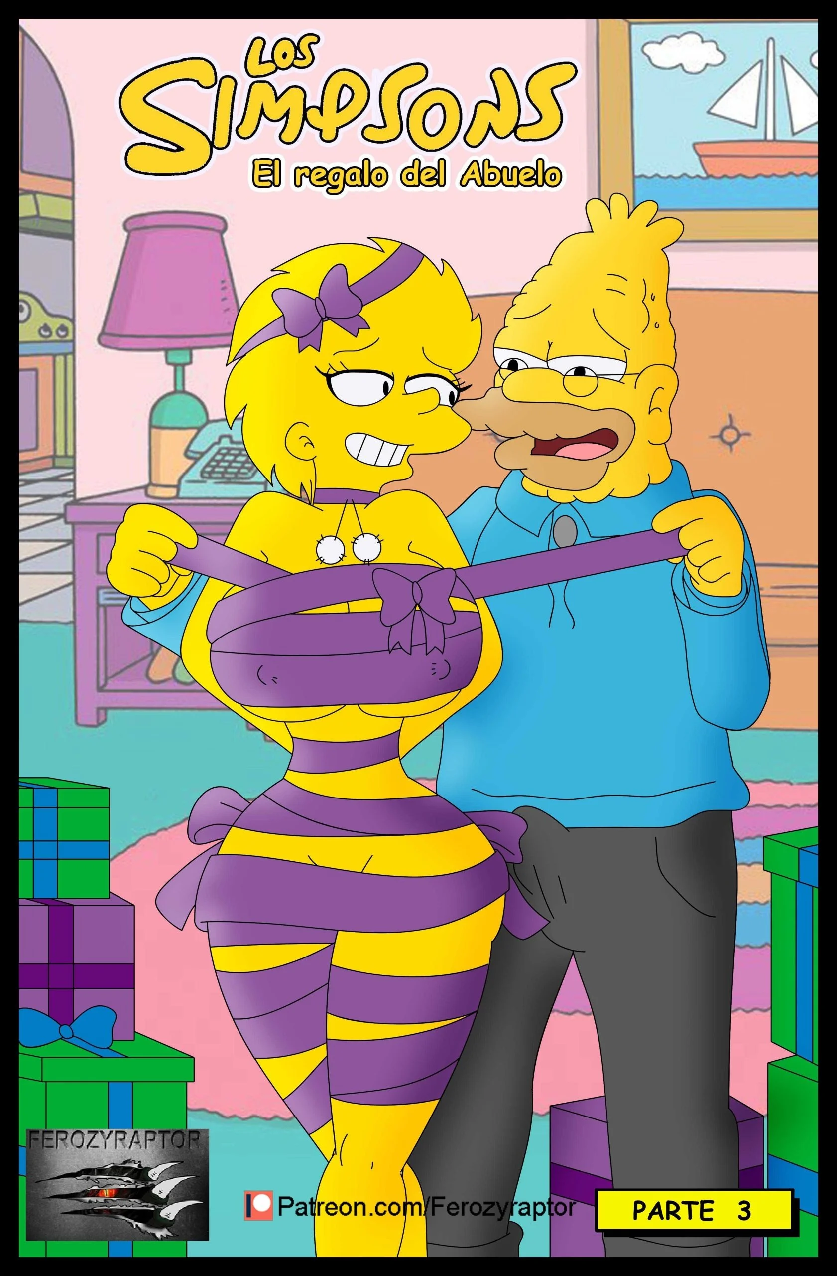 Portada del cómic El Video XXX de Marge y Homero – Ferozyraptor, con los personajes en una escena sugerente. - Página 4