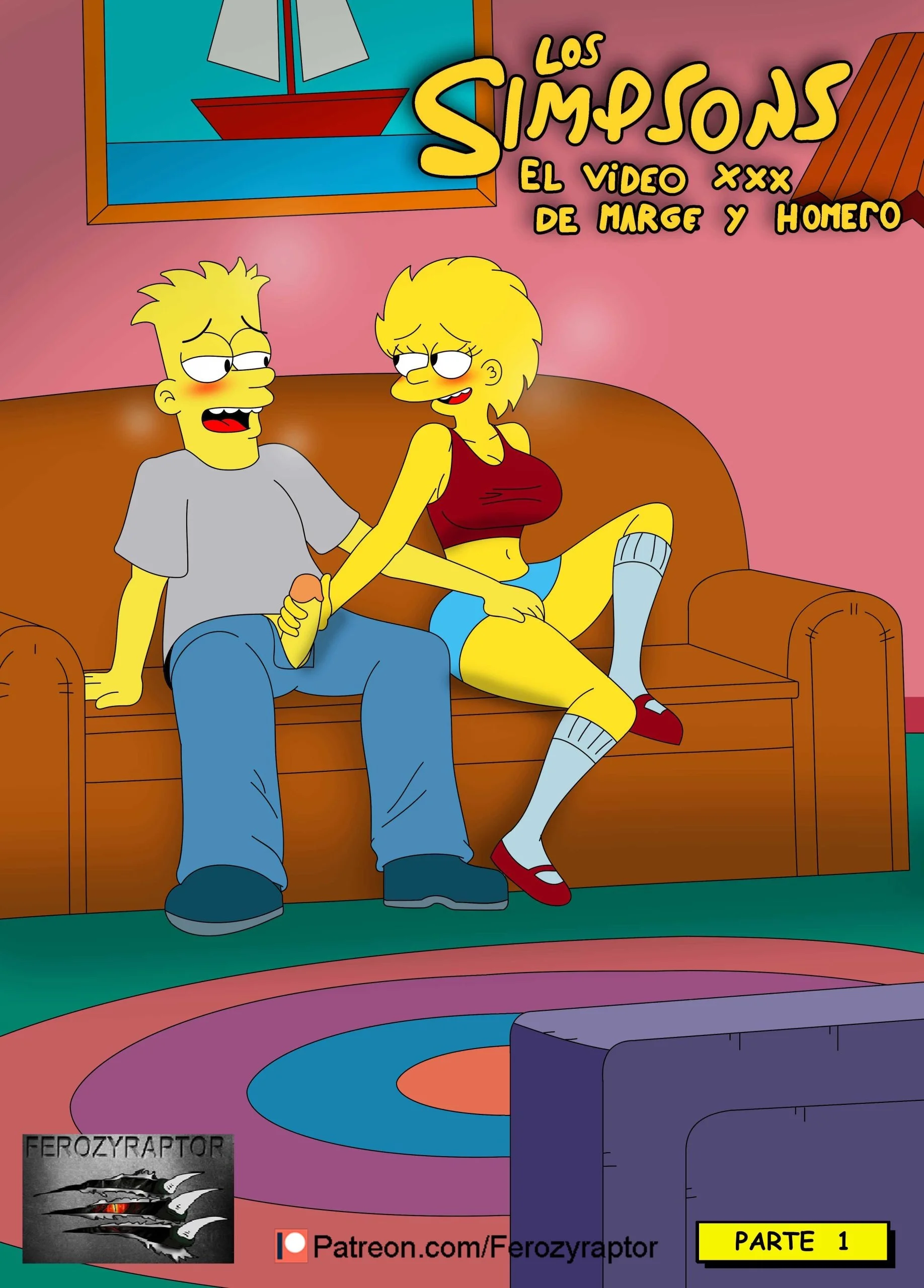 Portada del cómic El Video XXX de Marge y Homero – Ferozyraptor, con los personajes en una escena sugerente. - Página 26