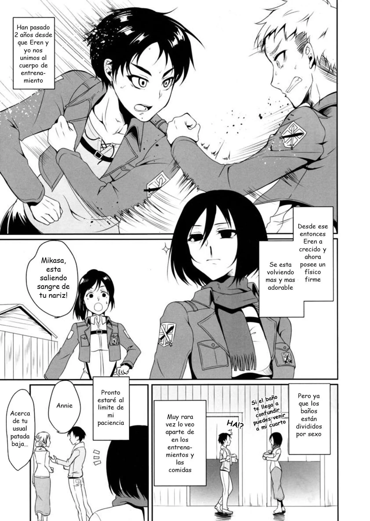 Portada del cómic Eren ga Mikasa ni Osowareru Hon, con sus personajes principales. - Página 18