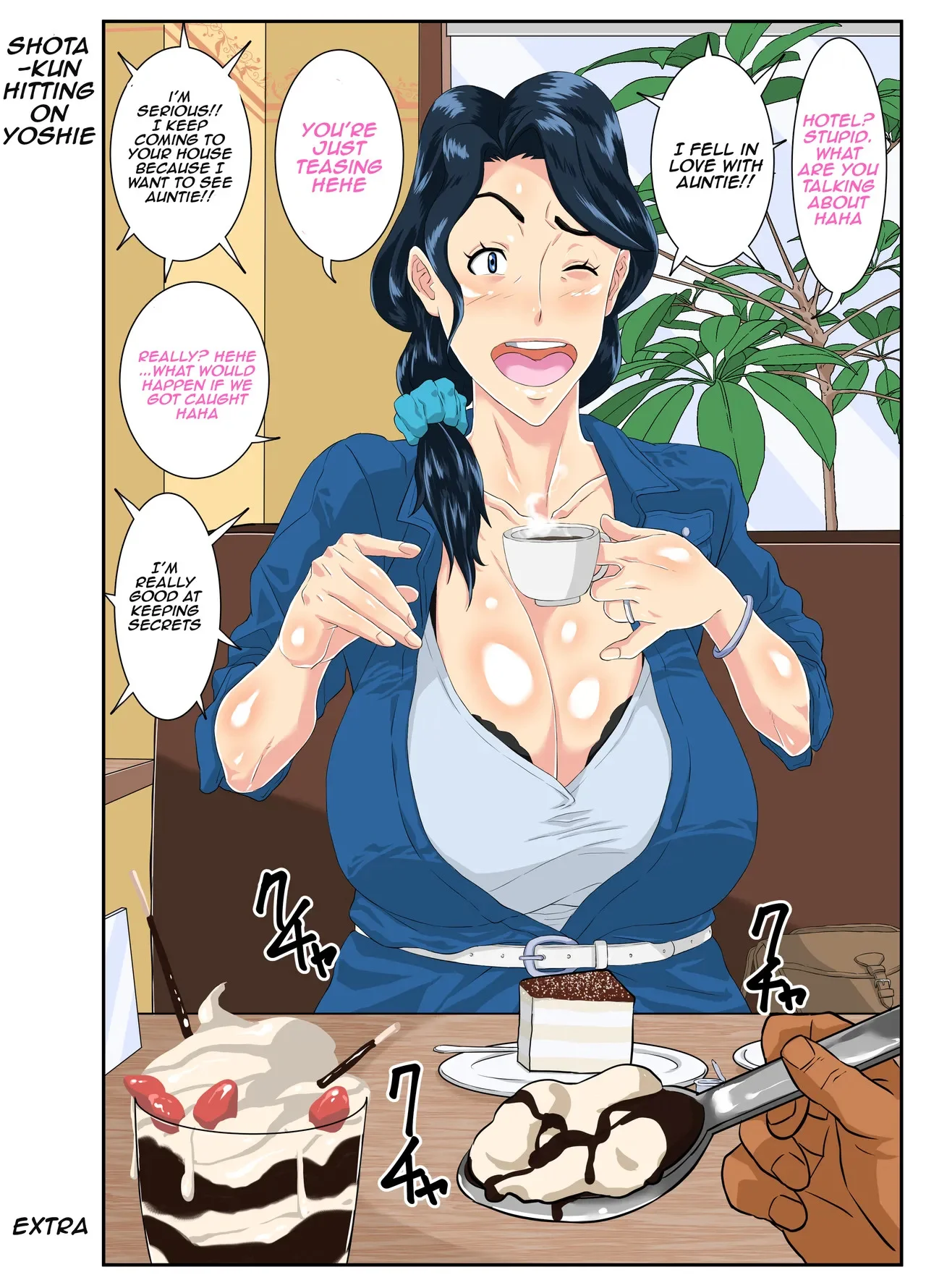 Portada de manga a color con una milf morena de pelo corto, tetona y culona, en escena de mamada y anal con pene grande. - Página 67