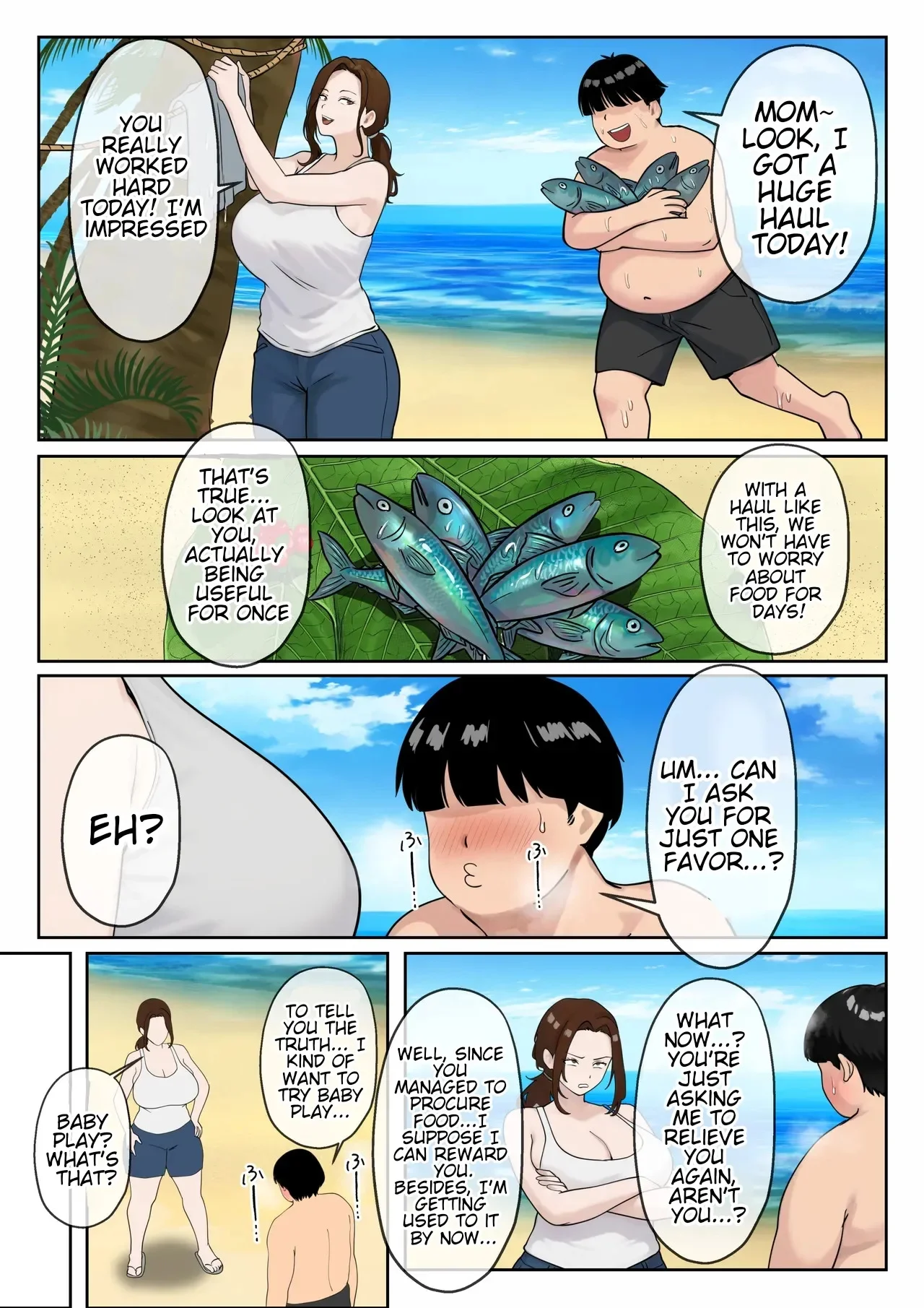 Portada del cómic Mujintou Boshi Seikatsu, con una madre busty y su hijo en una escena sugerente. - Página 38