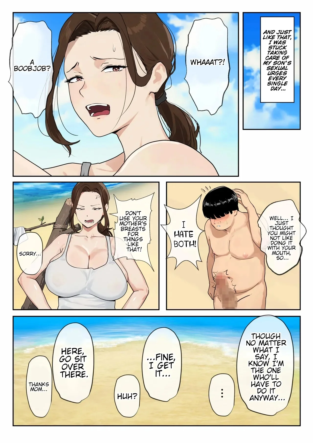 Portada del cómic Mujintou Boshi Seikatsu, con una madre busty y su hijo en una escena sugerente. - Página 44